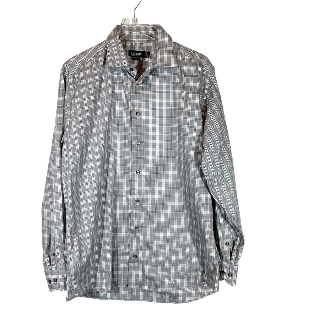 ST. CROIX Contemporary Men's Large Cotton Black/Grey Plaid button down Italy